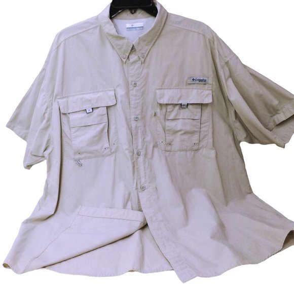 Vintage 90s Columbia PFG Shirt OmniShade Mens-XXL Pockets SSL Tactel Nylon Beige - Picture 6 of 12